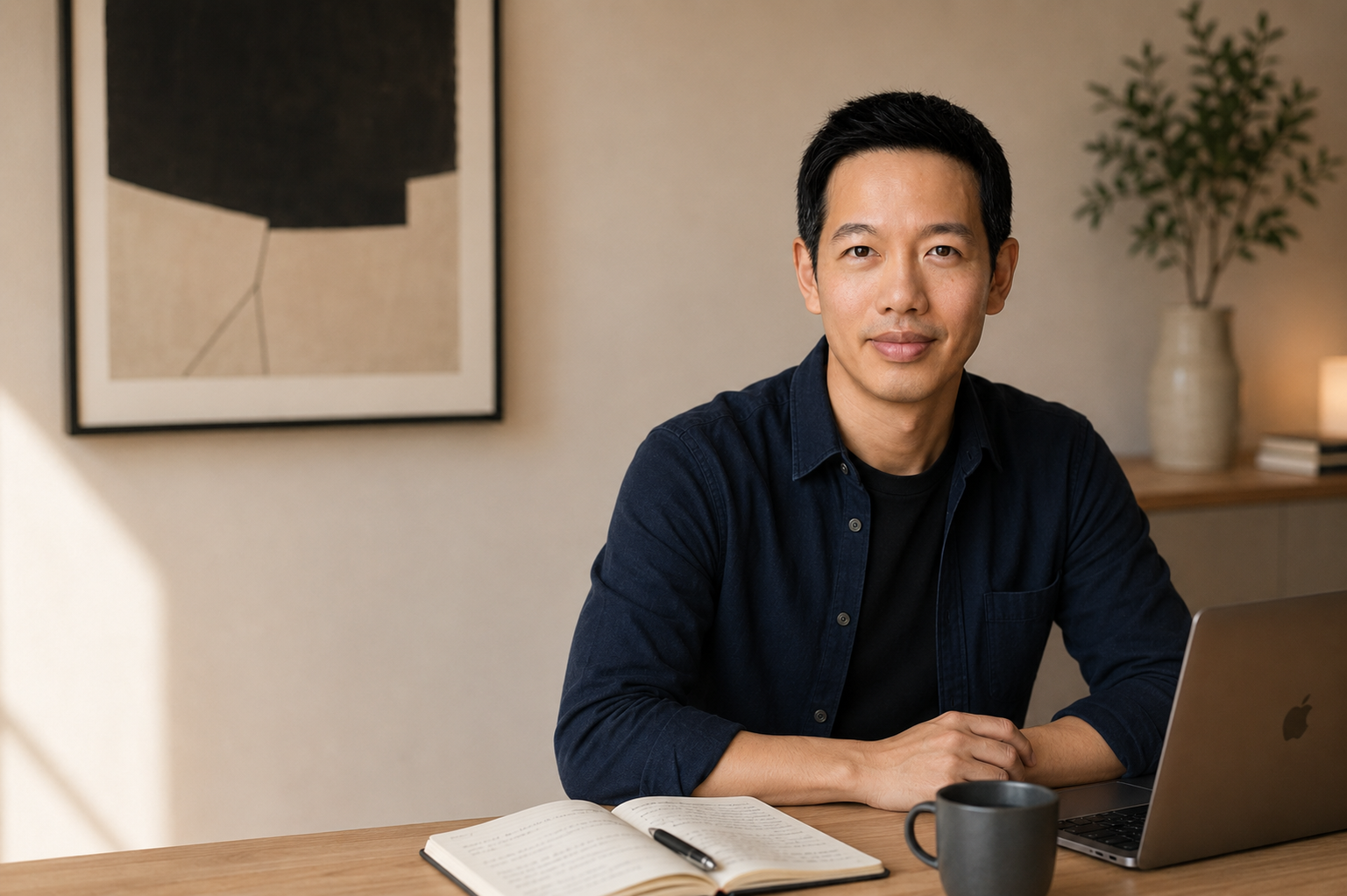 John Dang at his desk in Manchester